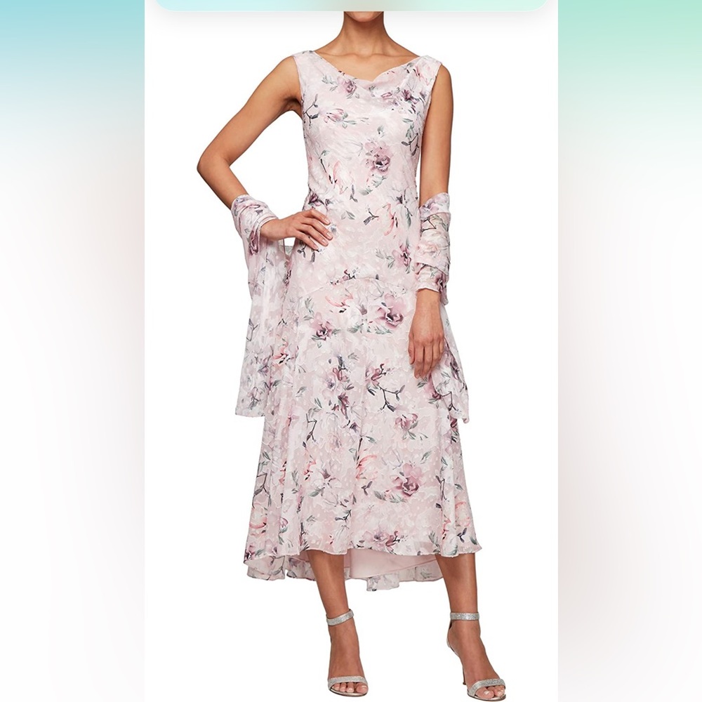 Alex Evenings Tea-length Cowl Neck Chiffon Dress with High Low Skirt